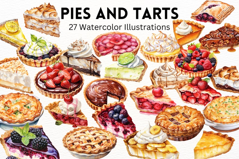 Watercolor Pies and Tarts Clipart, Watercolor Pie Illustration, Fruit