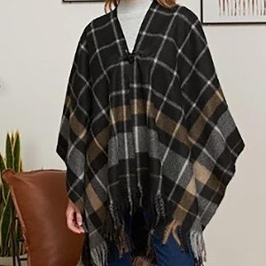 Plaid Poncho,Poncho Women,Gift For Her,Kimono Jacket,Poncho Cardigan,Cape,Shawl,Fall,Winter,High Quality,Boho,Shawl,Wrap,Coat,Black,Tan,Grey