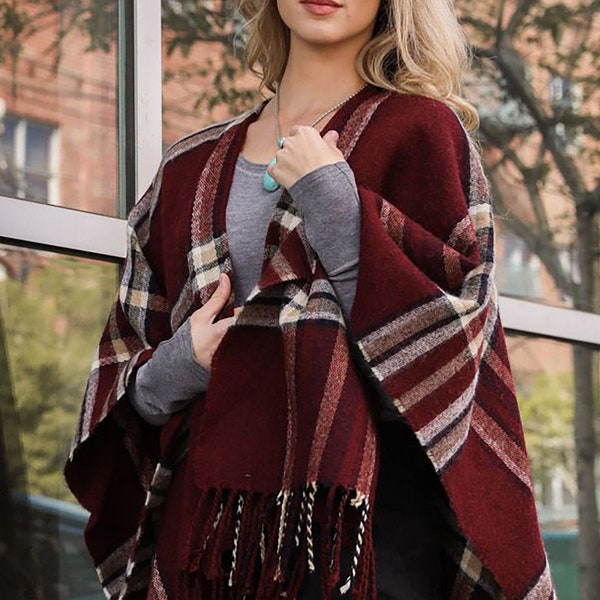 Poncho à carreaux, Poncho femmes, cadeau pour elle, veste kimono, cardigan poncho, cape, châle, automne, hiver, haute qualité, Boho, châle, wrap, manteau, Ruana, rouge, vin