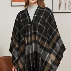 Plaid Poncho,Poncho Women,Gift For Her,Kimono Jacket,Poncho Cardigan,Cape,Shawl,Fall,Winter,High Quality,Boho,Shawl,Wrap,Coat,Black,Tan,Grey