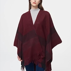 Poncho Women,Gift For Her,Poncho Cardigan,Ruana,Kimono,Cape,Shawl,Fall,Winter,High Quality,Fringe,Boho,Wrap,Coat,Wine,Burgundy