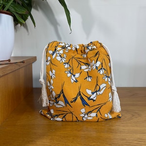 Floral Linen Drawstring Project Bag: Knitting, Crochet Storage