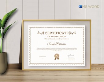 Certificaatsjabloon | Bewerkbaar in Microsoft Word | Certificaat van waardering / prestatie / voltooiing | Direct downloaden, gemakkelijk afdrukbaar
