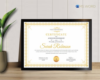 Certificaatsjabloon | Bewerkbaar in Microsoft Word | Certificaat van waardering / prestatie / voltooiing | Direct downloaden, gemakkelijk afdrukbaar