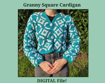 Granny Square Cardigan || Vestpatroon met vierkantjes || Digitaal haakpatroon (PDF)