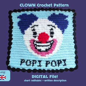 Può includere: Un modello all'uncinetto raffigurante la faccia di un clown, su sfondo azzurro con bordo smerlato nero. Il clown ha un viso bianco, capelli blu, naso rosso e bocca rosa. Il testo include "CLOWN Crochet Pattern" e "POPI POPI".