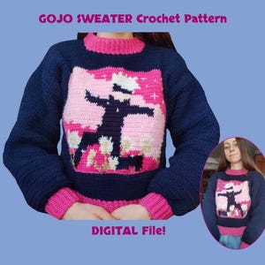 May include: A crochet pattern for a navy blue sweater with a pink and white graphic of a person in a field. The pattern is available as a digital download. "GOJO SWEATER Crochet Pattern" and "DIGITAL File!" are written on the image.