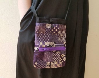 Purple Crossbody Phone Bag, Japanese Traditional Kimono Pattern *NOT patchwork, Adjustable Strap, with a Vinyl Mask Cover, Phone Wallet