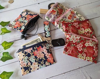 Sakura, Japanese Kimono Pattern Mini Purse with Zipper, Earbud Case, Hand sanitizer Pouch, Coin Wallet, Card Holder, Small Makeup Bag