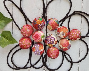 Fabric covered button hair tie, Japanese Traditional Kimono Pattern, Floral, Gift for Her, Back to School