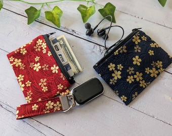 Gold Sakura Mini Purse: Japanese Kimono Pattern Coin Wallet