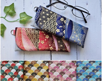 Japanese Kimono Pattern Cotton Fabric  Eyeglass Case: Padded Cotton Sleeve with D-Ring