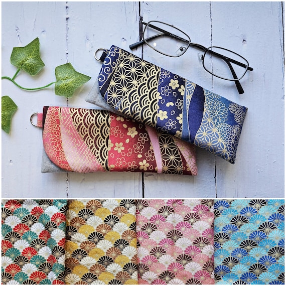 Japanese Kimono Pattern Cotton Fabric  Eyeglass Case: Padded Cotton Sleeve with D-Ring