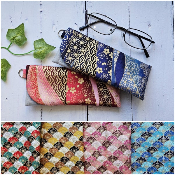 Japanese Kimono Pattern Cotton Fabric Eyeglass Case, Soft Patted Eyeglass Sleeve with D-Ring, 3 Sizes Small, Medium and Double Pocket, Gift