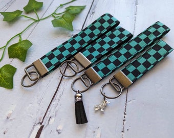 Key Fob, Green&Black Ichimatsu Japanese Kimono Pattern Fabric and Webbing Keychain Wristlet/Finger Loop, Key Fob, Lanyards for Key Strap