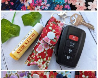 Clip-On Keychain Lip Balm Pouch, Japanese Sakura Pattern Cotton Fabric, Chapstick Case, Chapstick Cozy, Matching Lanyard Available, Holder