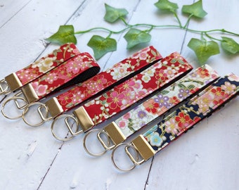 Sakura Key Fob, Japanese Kimono Pattern Fabric and Webbing Keychain Wristlet, Key Fob, Lanyards for Key Strap, New Car Gift