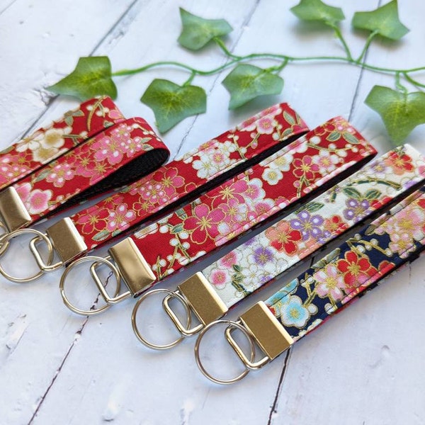 Sakura Key Fob, Japanese Kimono Pattern Fabric and Webbing Keychain Wristlet, Key Fob, Lanyards for Key Strap, New Car Gift