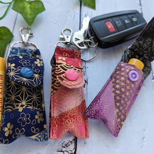 Clip-On Keychain Lip Balm Pouch, Japanese Kimono Pattern Cotton Fabric, Chapstick Case, Chapstick Cozy, Matching Lanyard Available