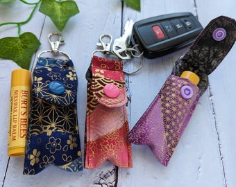 Clip-On Keychain Lip Balm Pouch, Japanese Kimono Pattern Cotton Fabric, Chapstick Case, Chapstick Cozy, Matching Lanyard Available