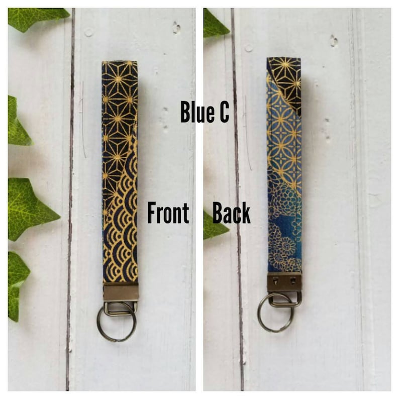 Slim/Wristlet, Japanese Kimono Pattern Fabric & Webbing Keychain Wrist Lanyard, Car Key Fob, Lanyards for Key Strap, Gift for Men and Women Blue C