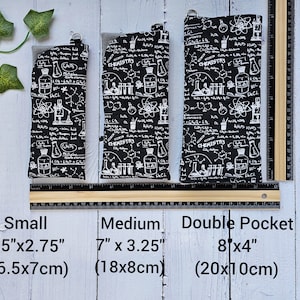 May include: Three black fabric pouches with a white chemistry print. The pouches are labeled "Small 6.5"x2.75" (16.5x7cm)", "Medium 7"x3.25" (18x8cm)", and "Double Pocket 8x4" (20x10cm)".