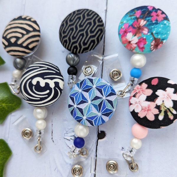 Fabric Retractable Badge Reel/ Choice of Cover Only, Belt Clip or Swivel Alligator Clip / Japanese Kimono Pattern Badge Clip/ RN Gift/Wave