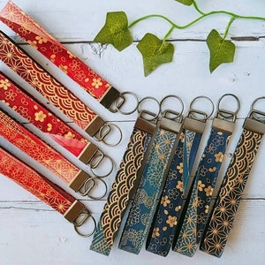 Slim/Wristlet, Japanese Kimono Pattern Fabric & Webbing Keychain Wrist Lanyard, Car Key Fob, Lanyards for Key Strap, Gift for Men and Women