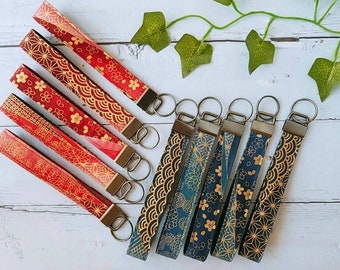 Slim/Wristlet, Japanese Kimono Pattern Fabric & Webbing Keychain Wrist Lanyard, Car Key Fob, Lanyards for Key Strap, Gift for Men and Women