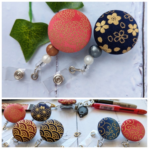 Fabric Retractable Badge Reel/ Choice of Cover Only, Belt Clip or Swivel Alligator Clip / Japanese Kimono Pattern Badge Clip/ RN Gift