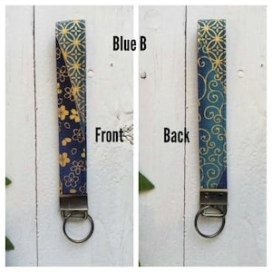 Slim/Wristlet, Japanese Kimono Pattern Fabric & Webbing Keychain Wrist Lanyard, Car Key Fob, Lanyards for Key Strap, Gift for Men and Women Blue B