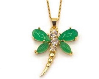 Details about / Green Jade Pendant in Dragonfly Design with Rhodium Plated Bail Gold Tone