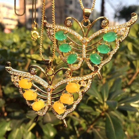 Green Jade Butterfly Necklace Butterfly Jade Necklace Etsy