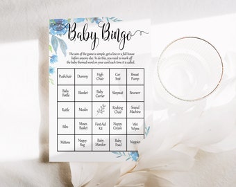Blue Floral Baby Shower Bingo Game