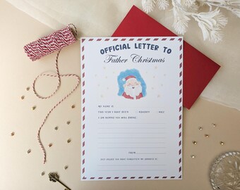 May include: A white stationery sheet titled OFFICIAL LETTER TO Father Christmas with a red and blue striped border. It features a watercolor illustration of Santa Claus, blank lines for writing, and checkboxes for Naughty or Nice status.