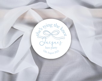 She's Tying The Knot Hen Party Stickers, Blue Ribbon, Bow Theme, Bridal Shower Favour Stickers