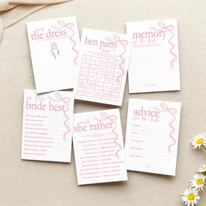 Hen do Party Games Bundle, Tie the Knot, Bridal Bingo, Advice, Guess the Dress, Would She Rather