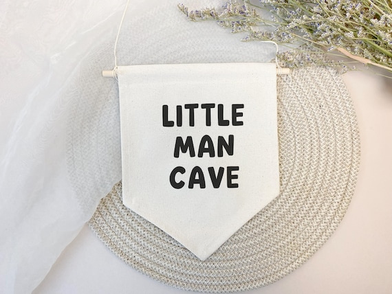 Little Man Cave Pennant Sign, Bedroom Wall Hanging, Playroom Canvas Banner, Gift for Him, Boy's Room