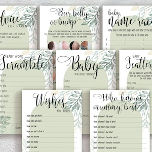 Sage Green Baby Shower Bundle, Prediction and Advice Cards Game, Greenery Theme, Mum To Be, Boy Baby Shower