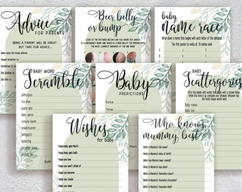 Sage Green Baby Shower Bundle, Prediction and Advice Cards Game, Greenery Theme, Mum To Be, Boy Baby Shower