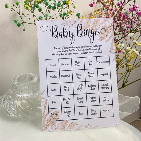 Baby Shower Bingo Game, Boho Pampas Grass, Gender Neutral Baby Shower, Baby Boy/Girl Shower