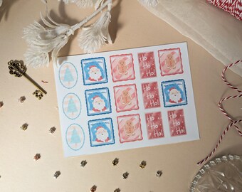 May include: A white sticker sheet featuring Christmas-themed designs including oval light blue Christmas trees, square blue North Pole Mail stamps with Santa Claus, square red gingerbread man stickers, and rectangular red Ho Ho Ho text labels.