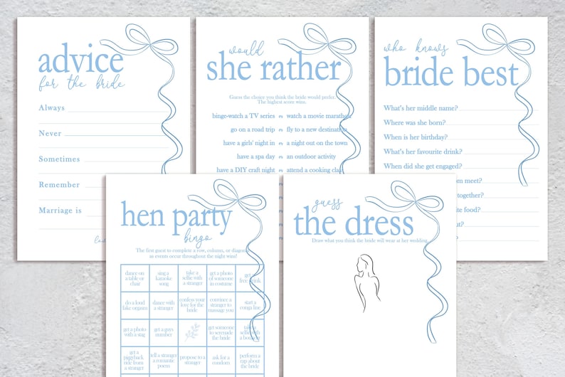 Hen do Party Games Bundle, Tie the Knot, Bridal Bingo, Advice, Guess the Dress, Would She Rather 画像 2