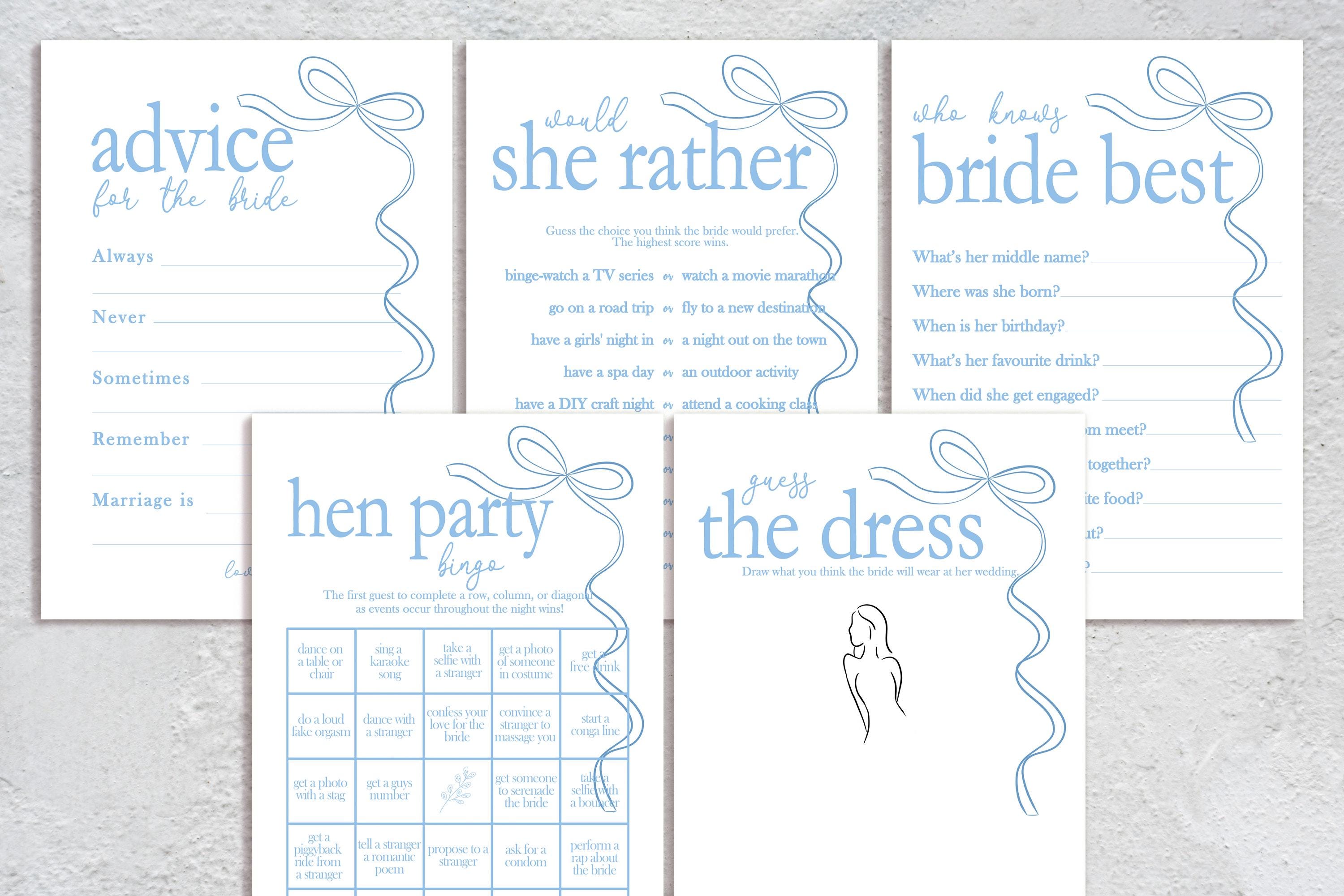 Hen Do Party Games Bundle, Tie the Knot, Bridal Bingo, Advice, Guess ...