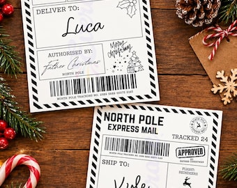 May include: Two rectangular North Pole Express Mail shipping labels with black and white striped borders. The labels feature text including Special Delivery, Approved, Checked Twice, Nice List Confirmed, and Delivery Date Dec 25, with names Luca and Kyle.