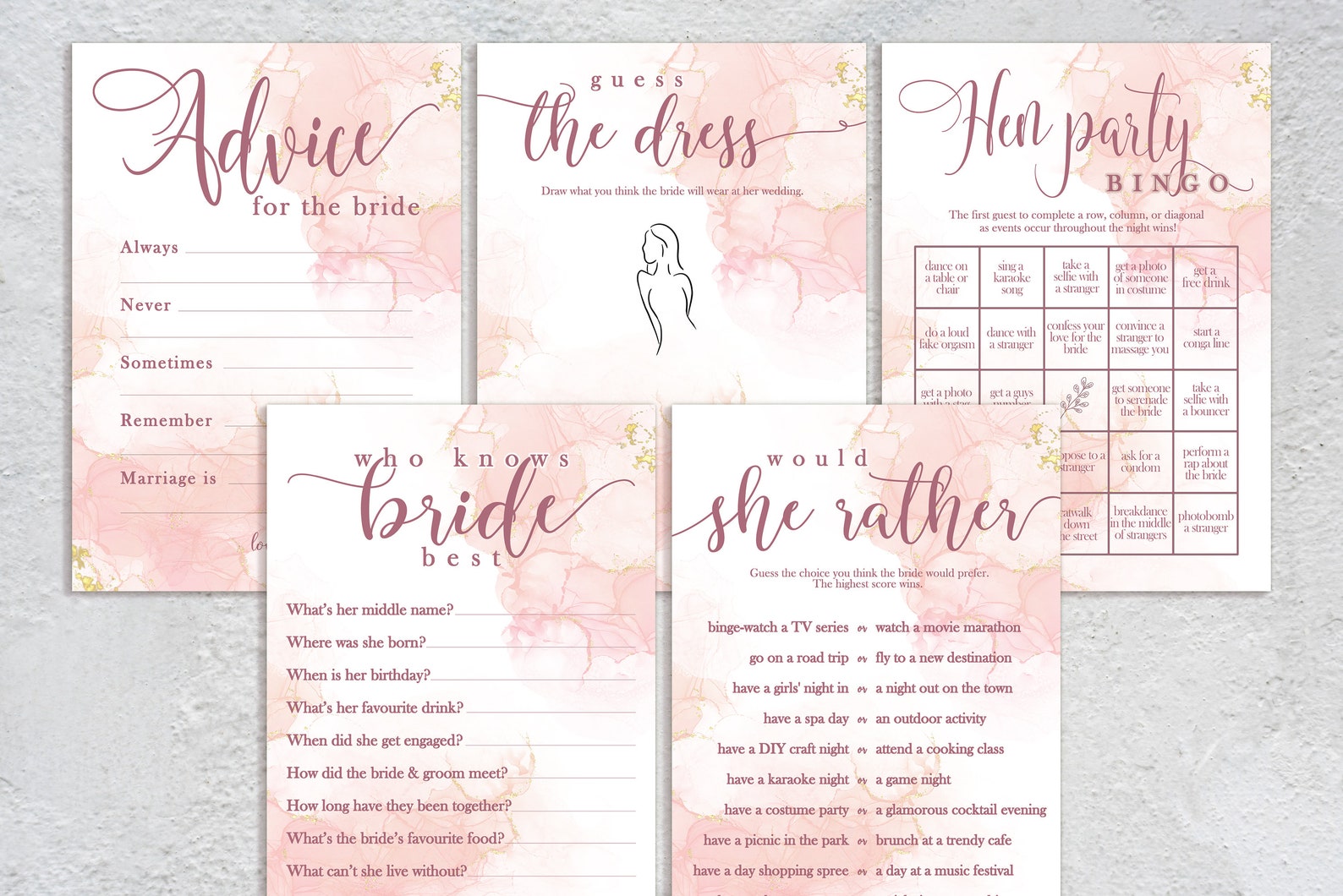 Advice for the Bride Hen Party Games, Pink and Gold Marble Effect ...