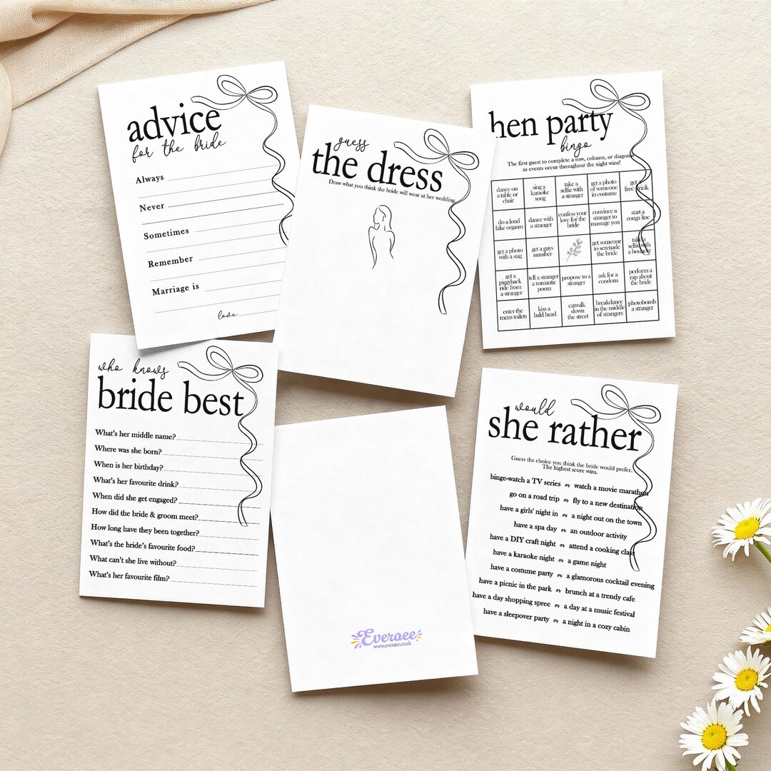 Hen Do Party Games Bundle, Tie the Knot, Bridal Bingo, Advice, Guess ...