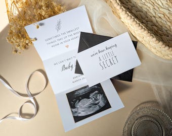May include: A white folded announcement card featuring the text "SOMETIMES THE SMALLEST THINGS TAKE UP THE MOST ROOM IN YOUR HEART" and "WE CAN'T WAIT TO MEET YOU" with a black and white ultrasound image, paired with a small card reading "we've been keeping A LITTLE SECRET".