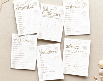 May include: Five white rectangular baby shower game cards with beige seashell and starfish illustrations. The cards feature the titles Baby Word Scramble, Baby Name Race, Wishes for Baby, Who Knows Mommy Best, and Baby Predictions with lines for writing.