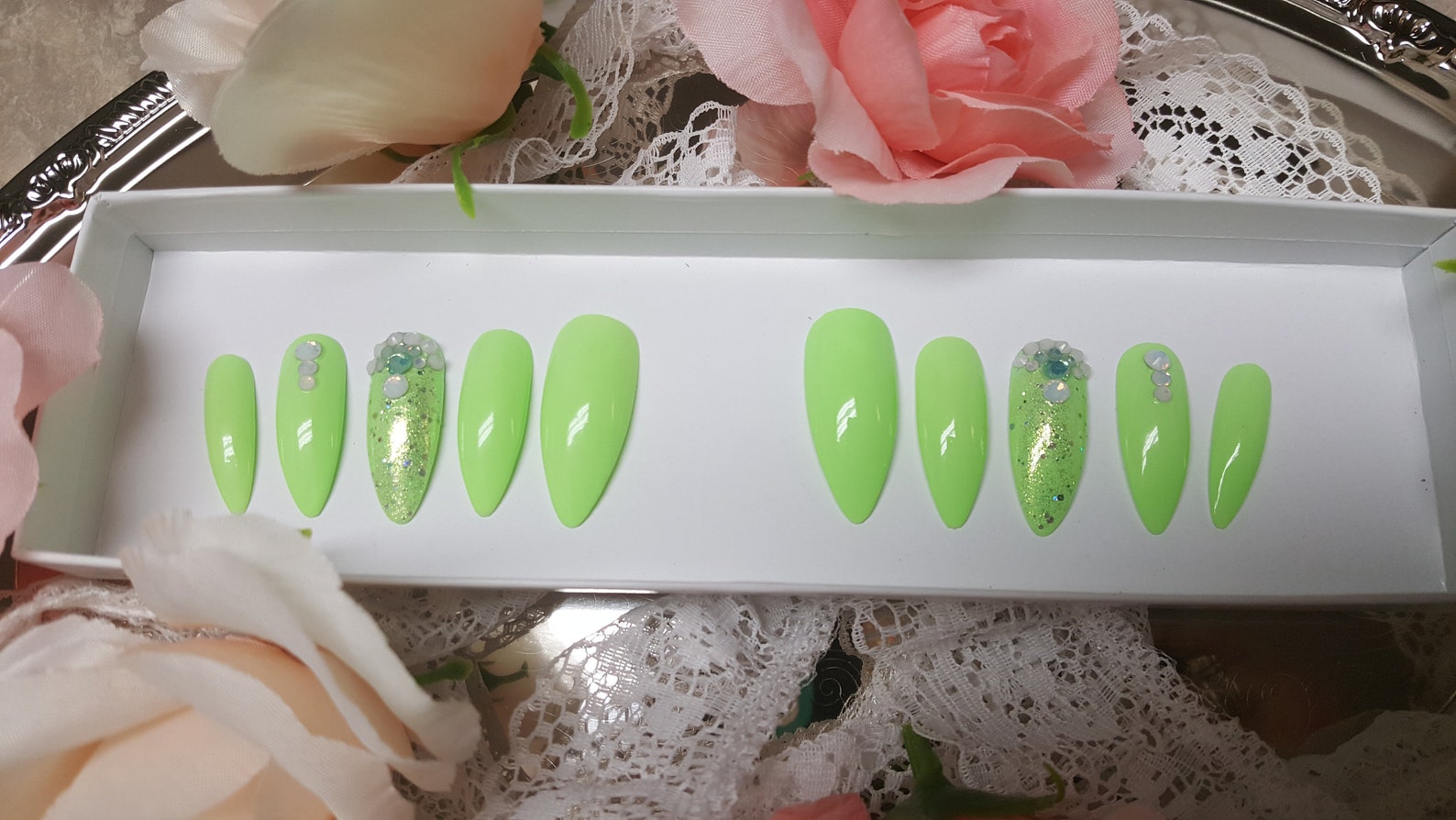 Lime green opal rhinestones glitter luxury nails | Etsy